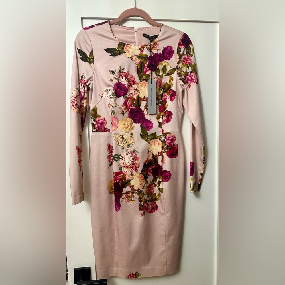 Black Halo Pink Floral Sheath Midi Dress Size 8 Long Sleeve NWT